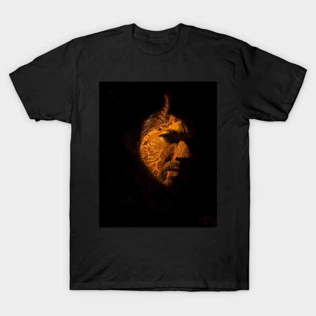 Portrait, digital collage and special processing. Devil face, side. Horn and lava texture. Yellow and green. T-Shirt by 234TeeUser234